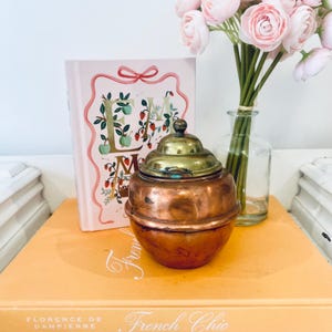 May include: A small, antique copper container with a brass lid sits on a stack of books. The container has a round body and a domed lid. A pink book with the letters "E L M" is behind the container. A glass vase with pink flowers is to the right.