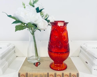 Lámpara de hadas vintage VIKING GLASS color rojo rubí con búho brillante, estilo MCM, de la era Eames Blenko, con pegatina luminosa.