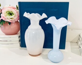 Vintage Set Of 2 Jack In The Pulpit Cased Glass Bud Vase Blue Pink Ruffled Rim