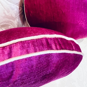 May include: Close-up of two plush, magenta velvet pillows with white piping. The pillows are in a decorative setting, with a soft, textured background. The pillows have a luxurious, inviting appearance.