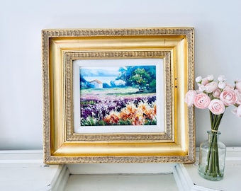 Pintura al óleo enmarcada "Jardín de flores de verano", impresionismo, firmada, lago dorado, paisaje, realismo.