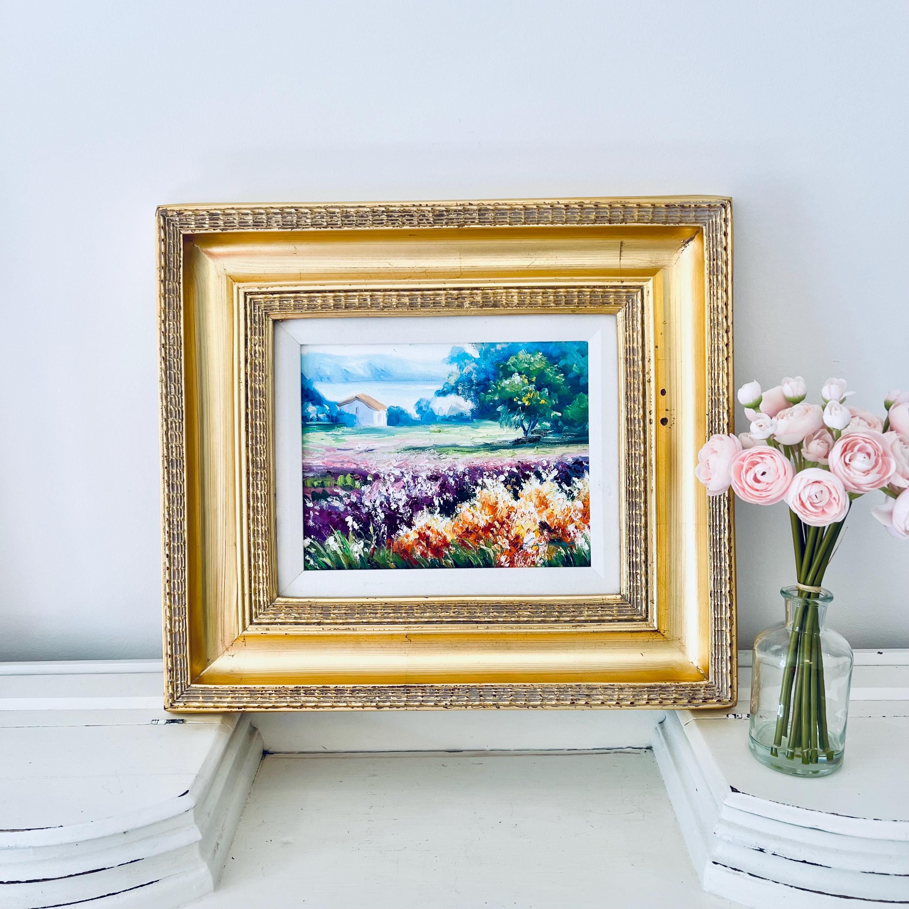 Framed Oil Painting Summer Flower Garden Impressionism Gold Lake Landscape