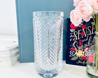 Vintage Herringbone Pattern 8" H Crystal Vase Clear Glass Cylinder Rare