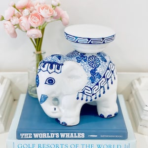 Vintage Chinoiserie Elephant Plant Stand Garden Stool White Blue MCM