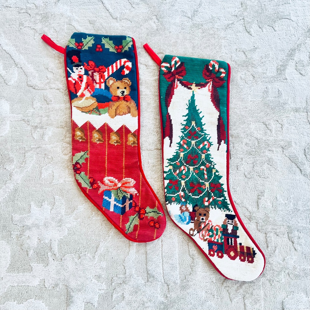 Vintage Needlepoint Christmas Stockings Wool Red Velvet Set of 2