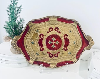 Vintage Florentine Italian Wood Tray Gold Red Rectangle Hollywood Regency 17” x 11” Vanity Decor Bohemian