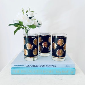 Vintage Libbey Black Textured Gold Coin Design MCM Tumblers Highball Glasses Set of 3