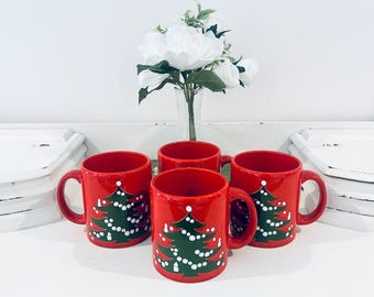 Vintage Waechtersbach W Germany Red Ceramic Christmas Tree Mug Set 4