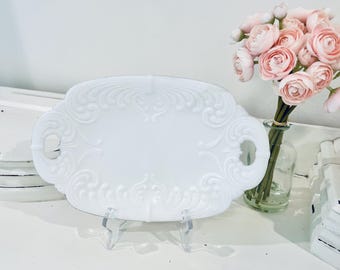 Vintage Milk Glass Oval Handled Vanity Tray Ornate Rococo Scrollwork Victorian Edge