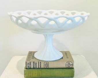 Pitman Dreitzer Milk Glass Fruit Bowl Cake Stand White Lattice Edge Wedding Decor Vintage Farmhouse Gift For Her