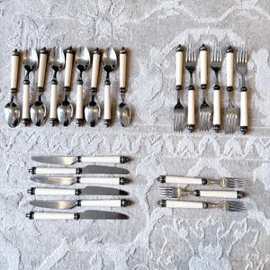 May include: A collection of silverware, including spoons, forks, and knives, arranged on a patterned surface. The silverware features cream-colored handles with silver accents. The spoons, forks, and knives are made of shiny metal.
