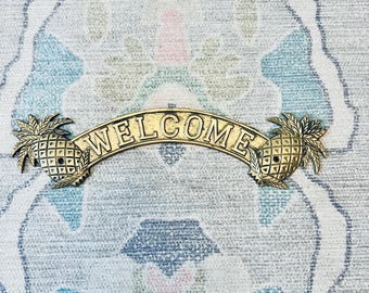 Vintage Brass Pineapple Welcome Door Sign Metal Wall Hanging 11” Plaque