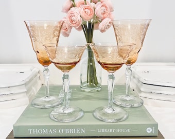 Vintage Fostoria Etched Orange Champagne Wine Sherbet Glasses Set of 4 Coups