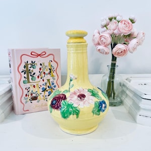 Vintage Majolica Decanter Jug Pitcher Lid Yellow Flowers Floral MCM Spring Japanese