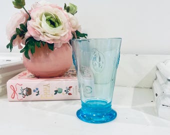 Vintage La Rochere France Fleur De Lis Blue Teal Glass Tumblers Highball Glass 5" T