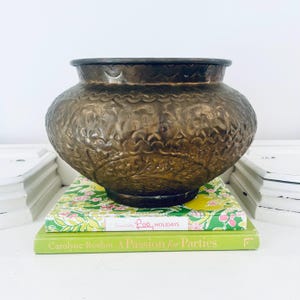 Vintage Hollywood Regency Brass Planter Embossed Floral & Leaf 11" Jardiniere Pot