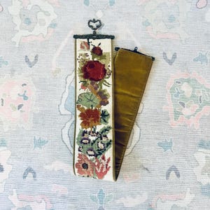 Vintage Needlepoint & Brass Bell Pull Hand Made Wall Tapestry Floral Tassel 25”x7”