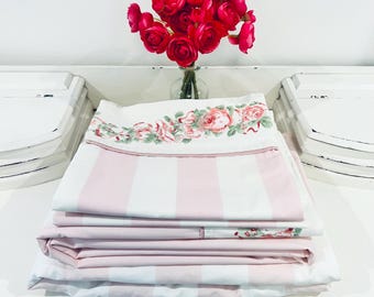 Vintage Laura Ashley Country Roses Pink Stripe Queen Sheet 4 Piece Set Flat Fitted