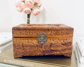 Antique Carved Camphor Wood Cigar Document Box Jewelry Chinoiserie England Bird
