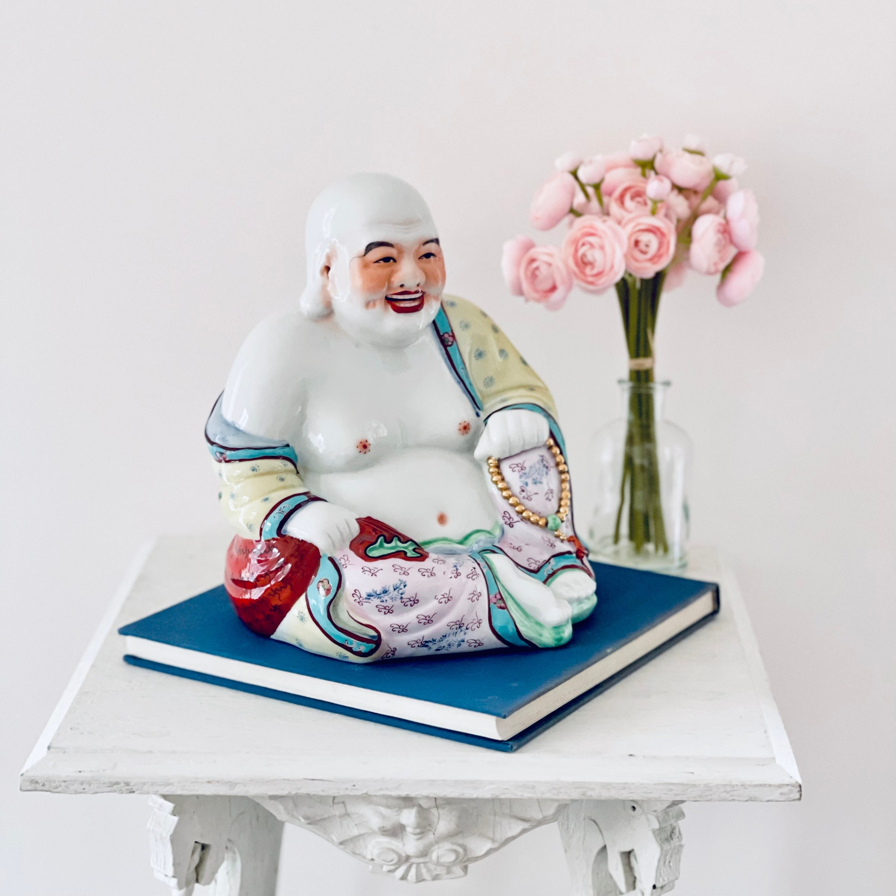 Vintage Large Buddha Famille Rose Hand Painted Porcelain Laughing Smiling Made in Taiwan Chinoiserie
