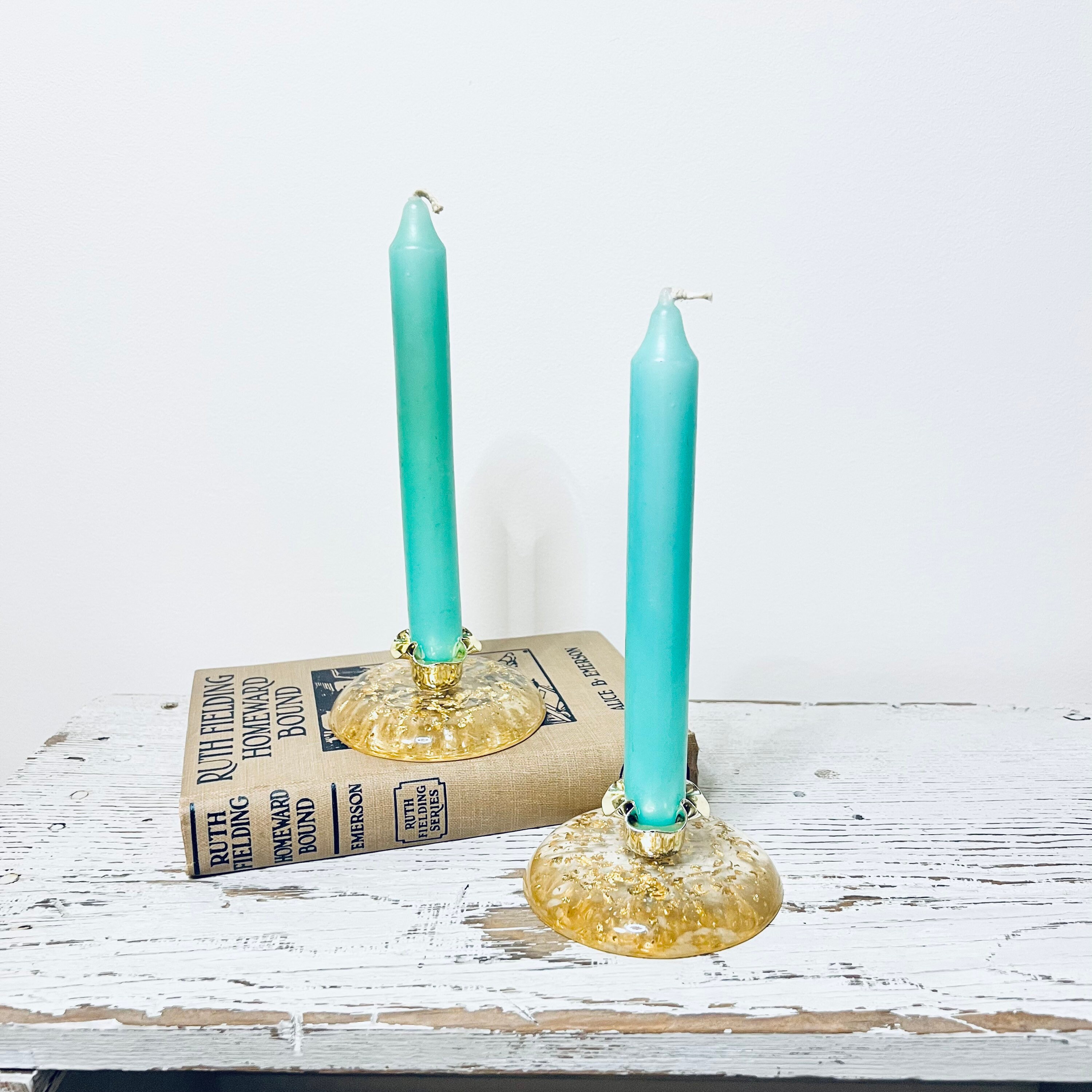 Vintage Lucite Gold Flake Glitter Candle Holders Set of 2 MCM Acrylic Retro