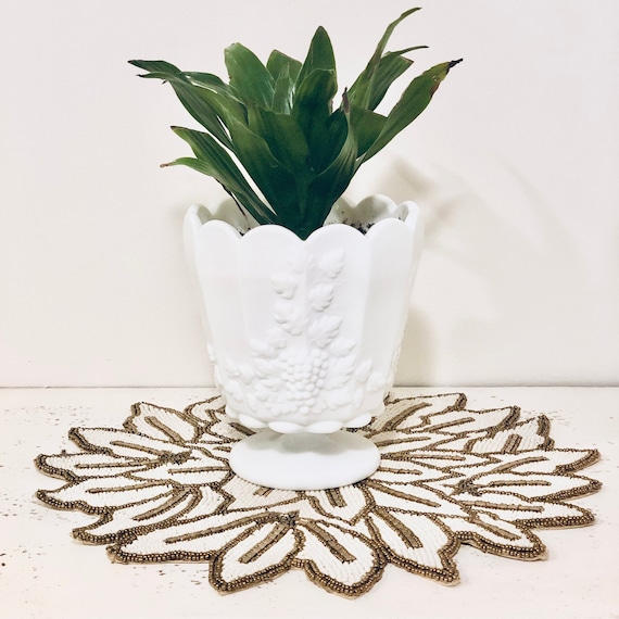 Westmoreland Paneled Grape Milk Glass Planter, Jardiniere Footed Compote, Pedestal Vase, Wedding Gift, Flower Pot, Farmhouse Decor