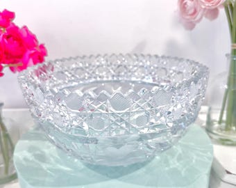 Antike AEP Glasschüssel Hobstar Florale gravierte brillante 8 ”Kristall Vintage