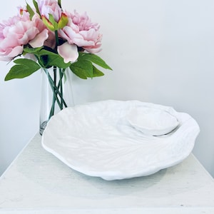 Vintage Olfaire Majolica Cabbage Leaf Chip and Dip Serving Bowl Platter Portugal White Bordallo