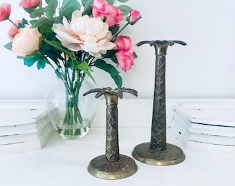 Vintage Brass Palm Tree Candle Holders Candlesticks 10” & 6” Pair Palm Beach Regency