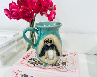 Vintage Studio Art Pottery 3D Stoneware Ugly Funny Face Mug Cup Teal Blue