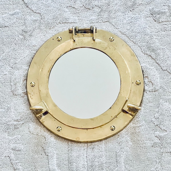 Vintage Nautical Porthole Brass Mirror Wall Ship Décor 9” Window Glass Gold Shiny