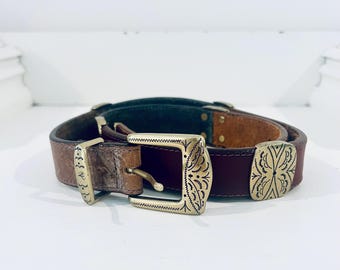 Vintage 1991 BRIGHTON Leather Belt Colorblock Brass Butterfly Pendants Size Large