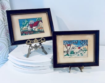 Vintage Needlepoint Pair Crewel English Cottage Garden Wood Framed Set Of 2