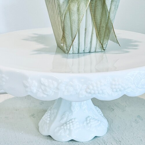 Westmoreland Milk Glass Cake Stand Paneled Grape Vine Wedding Decor on sale Vintage Wedding