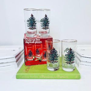 Set Of 4 Spode Christmas Tree Highball Glasses In Box NOS Vintage Bar Decor