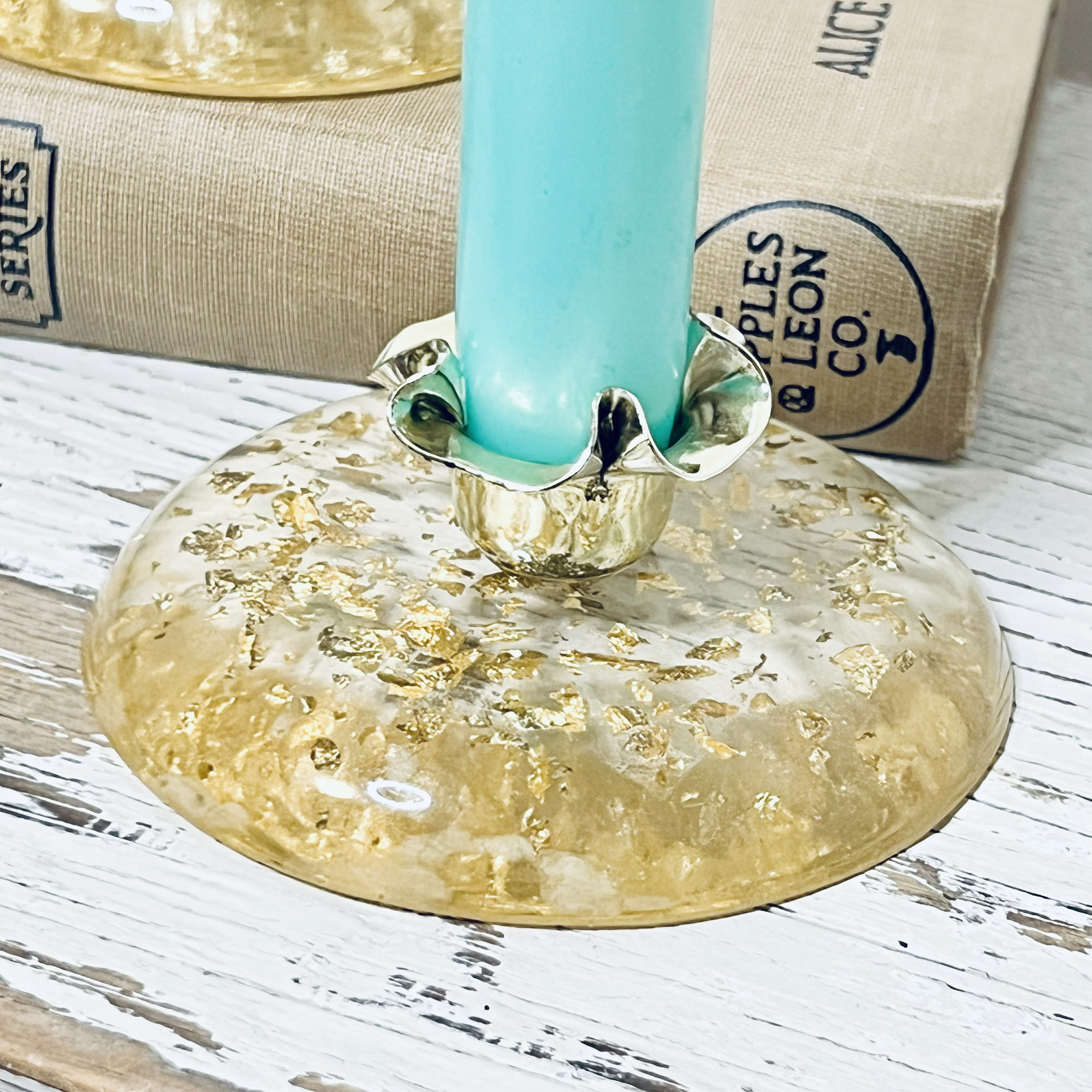 Vintage Lucite Gold Flake Glitter Candle Holders Set of 2 MCM Acrylic Retro