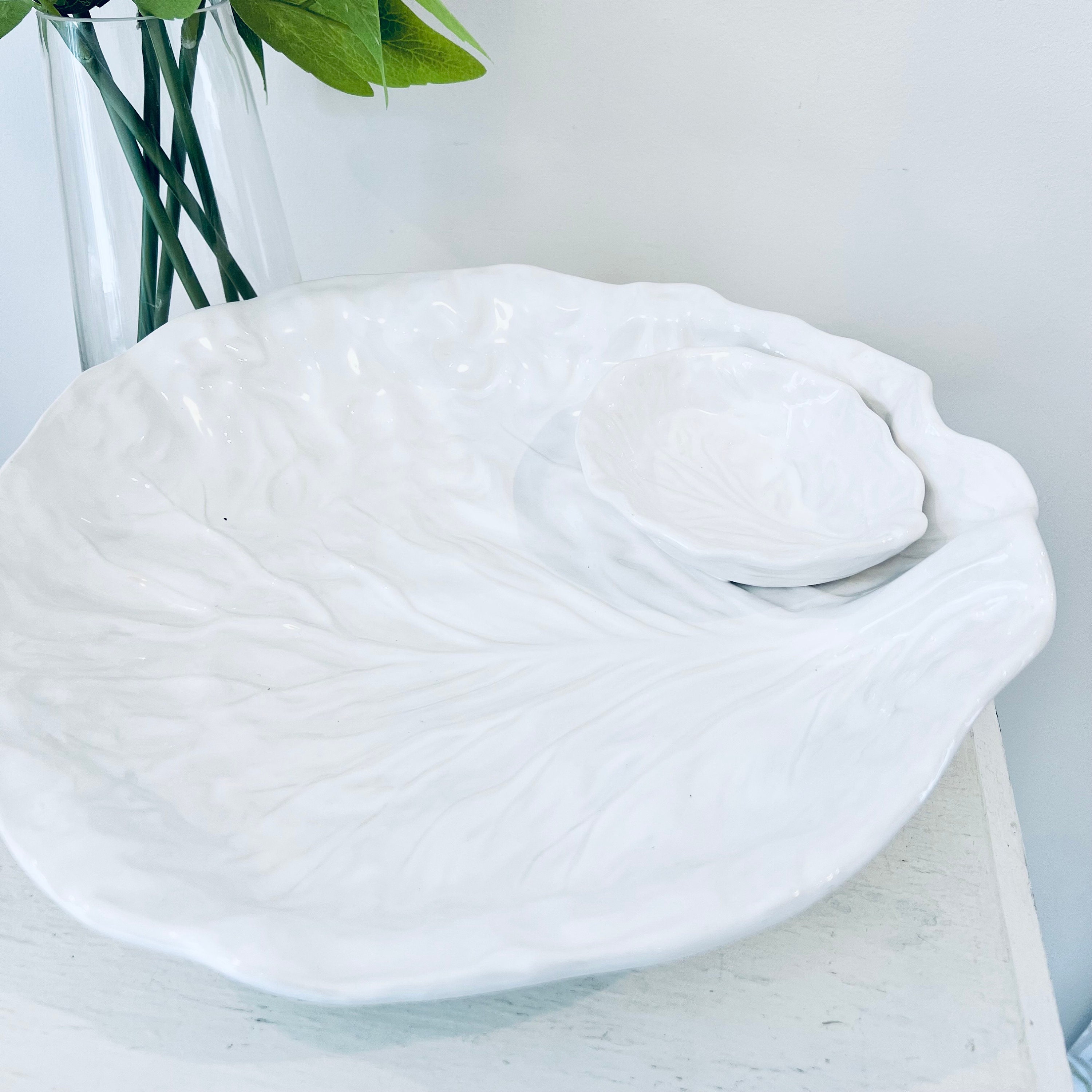 Vintage Olfaire Majolica Cabbage Leaf Chip and Dip Serving Bowl Platter ...
