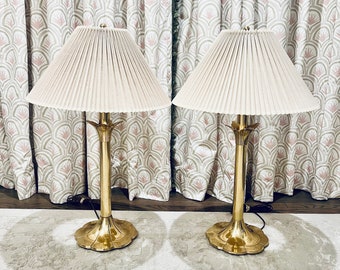Stiffel Brass Tulip Table Lamps Pair Set Of 2 #6163 With Original Shades Vintage MCM