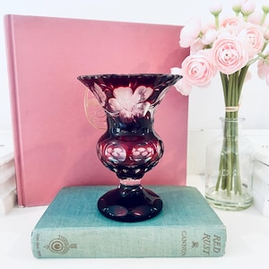 Vintage Czech Cut To Clear Vase Bohemian Ruby Red Crystal Glass Egermann? 6”