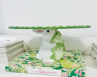 Spring Bunny Cabbage Ceramic Cake Stand Plate Green White Serving Bordallo Style Majolica