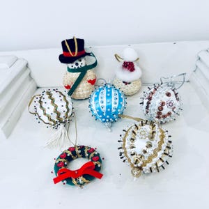 Vintage Satin Sequin Beaded Push Pin Christmas Ornaments Santa Snowman Red Lot Of 7