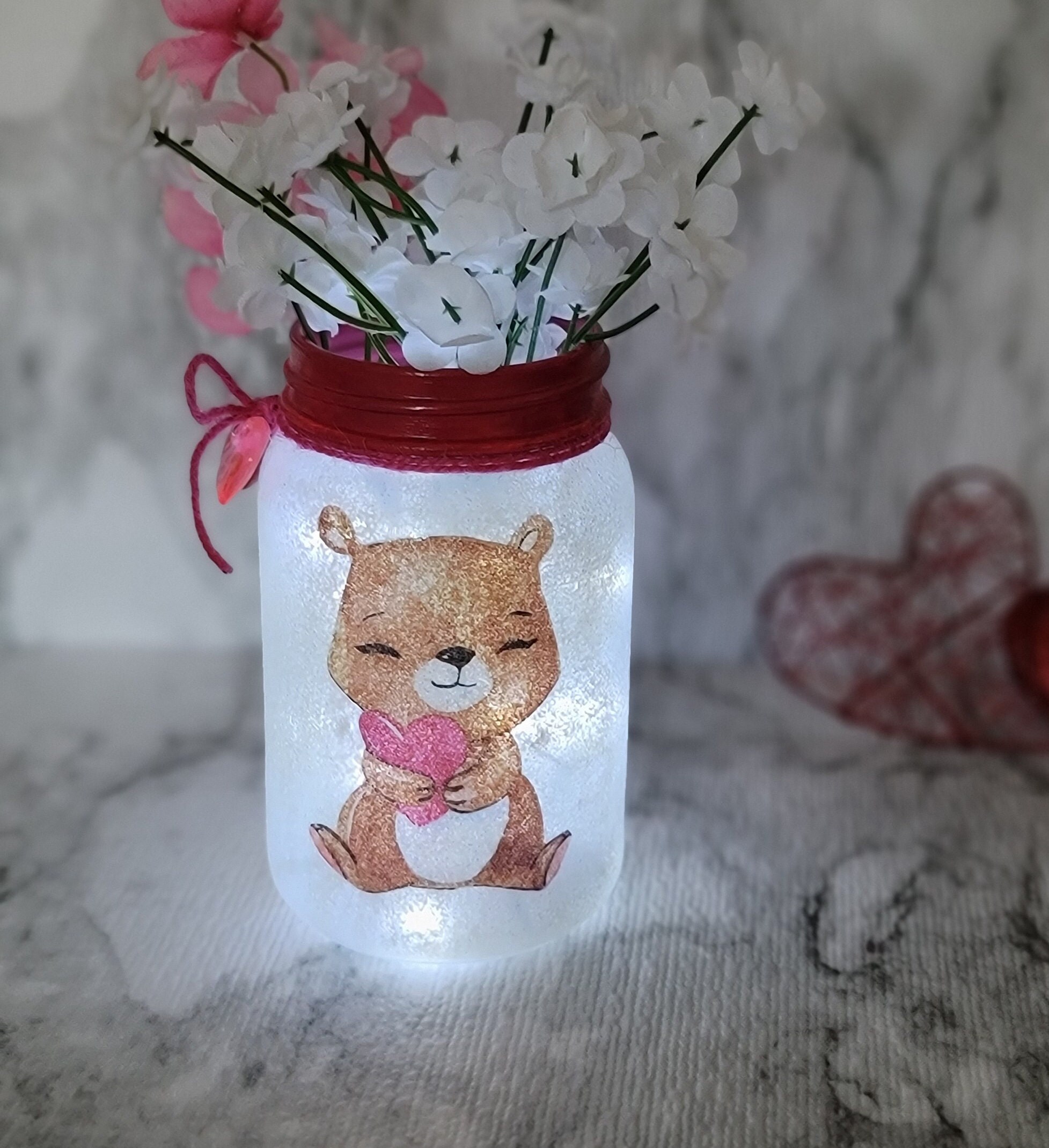 Bear Lighted Vase, Teddy Bear Mason Jar, Heart Bear Light, Bear Vase Gift, Bear Valentine Gift For Her, Bear Centerpiece, Love Gift