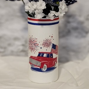 Patriotic Pickup Truck Vase, USA Truck Vase, 4th of July Decor, Labor Day Vase, Fireworks Jar, Americana Decor