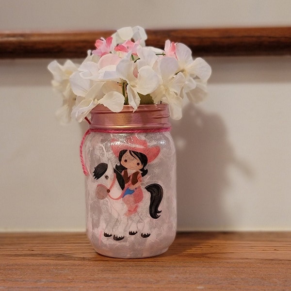 Cowgirl and Pony Vase, Cowgirl Mason Jar, Pony Pencil Holder, Horse Decor, Pink Cowgirl Gift, Pony Party Decor