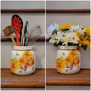Sunflower & Bee Utensil Holder, Large Utensil Holder, Large Sunflower Vase, Sunflower Kitchen Holder, Bee Kitchen Decor, Sunflower Canister