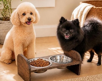 Elevated Wooden Pet Feeder – Double Dog Cat Bowl Station, Natural Wood Organizer