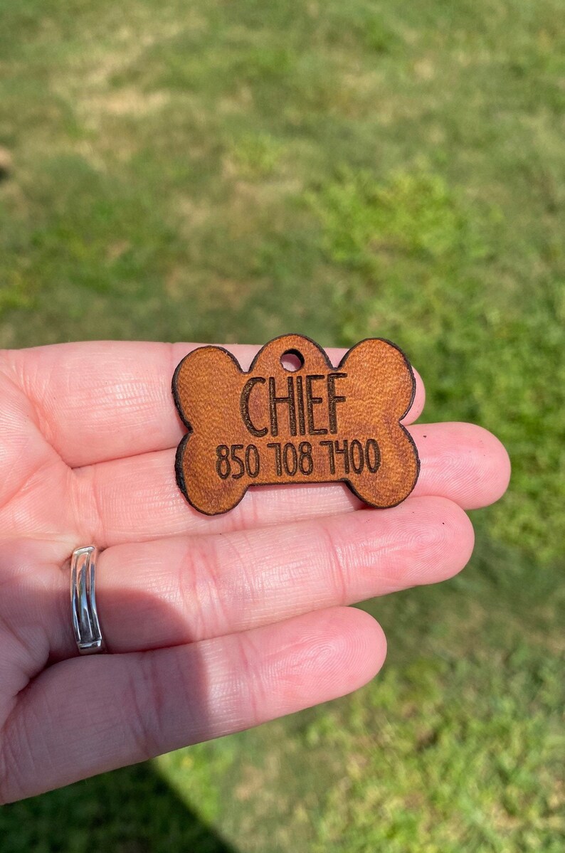 Dog tag no noise leather dog tag with pet name and number Etsy