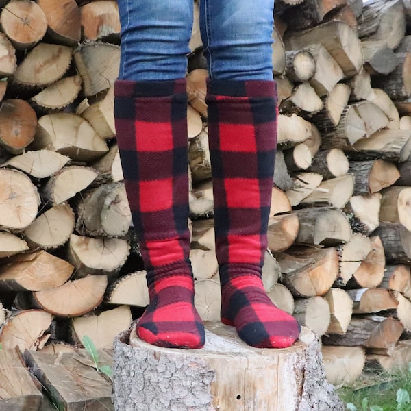 Women's polar fleece socks  men's knee high warm fitted boot socks red black buffalo plaid gift for her stocking stuffer favorite fashion