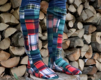 Women's polar fleece socks knee high warm fitted boot socks green plaid gift for her stocking stuffer favorite fashion gift