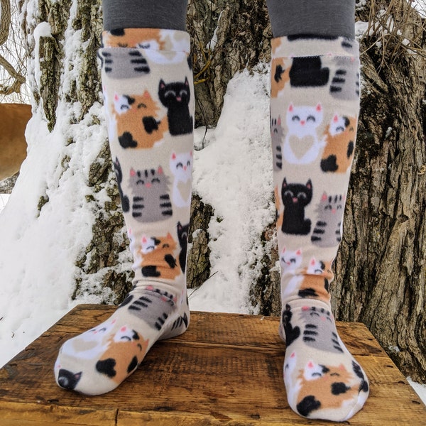 Women's polar fleece socks knee high warm fitted boot socks cat lover gift for her stocking stuffer favorite gift Christmas comfy ladies